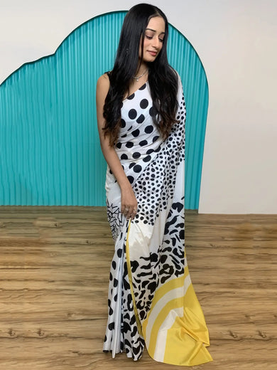 Enchanting White Digital Printed Satin Party Wear Saree With Blouse